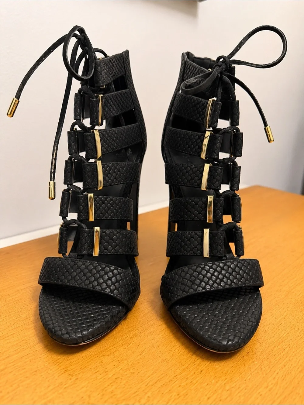Vince Camuto Black Textured Lace-Up Cage Heels with Gold Accents